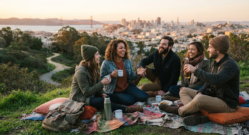 friends having a picnic on a hillside at sunset