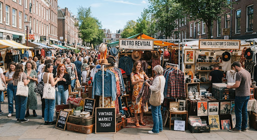 a busy outdoor vintage market with clothing rails and stalls