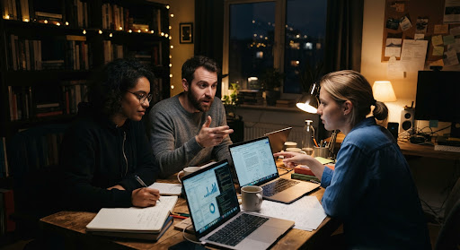 friends talking over laptops late at night