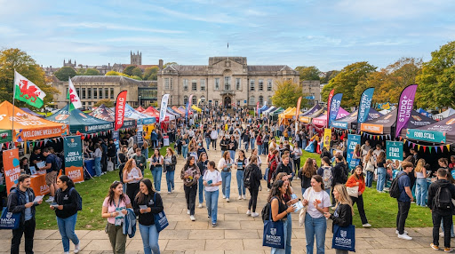 students browsing society stalls at a busy campus fair