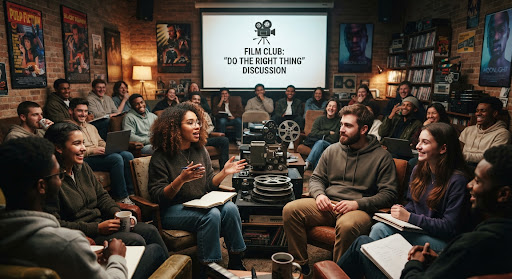 students gathered in a cosy room for a film club screening