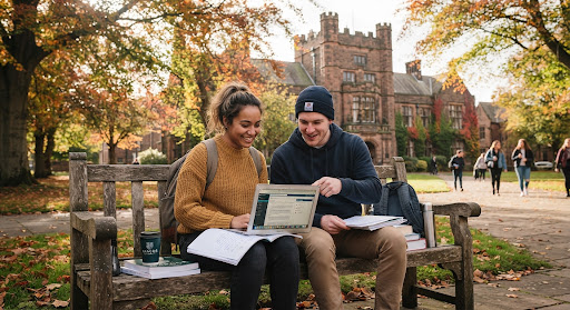 two students sharing notes and laptops on a campus bench