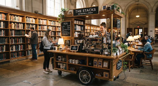 a coffee cart inside a library