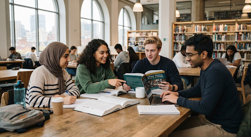 students revising together at a library table