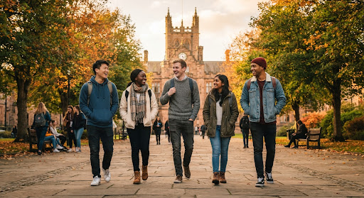 a group of students walking together along a leafy campus path in autumn