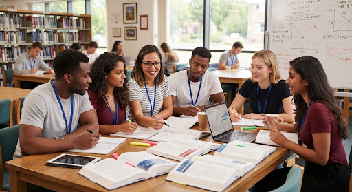 students studying together around a library table